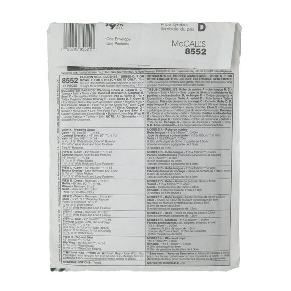 McCall's 8552 Sewing Pattern Barbie Dresses Sewing Fashion Doll Wedding Dress - Picture 2 of 4